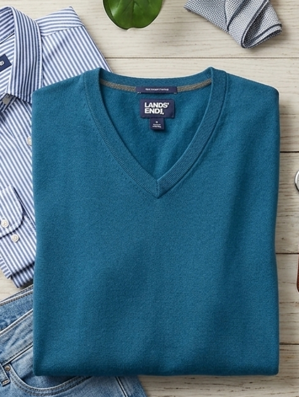 Lands' End Men's Teal V-Neck Knit Sweater
